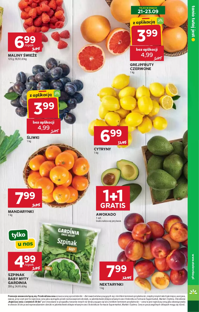 Gazetka promocyjna Stokrotka - Supermarket - ważna 17.09 do 23.09.2026 - strona 11 - produkty: Cytryny, Gra, Grejpfrut, Maliny, Mandarynki, Mięso, Nektar, Optima, Owoce, Szpinak, Warzywa
