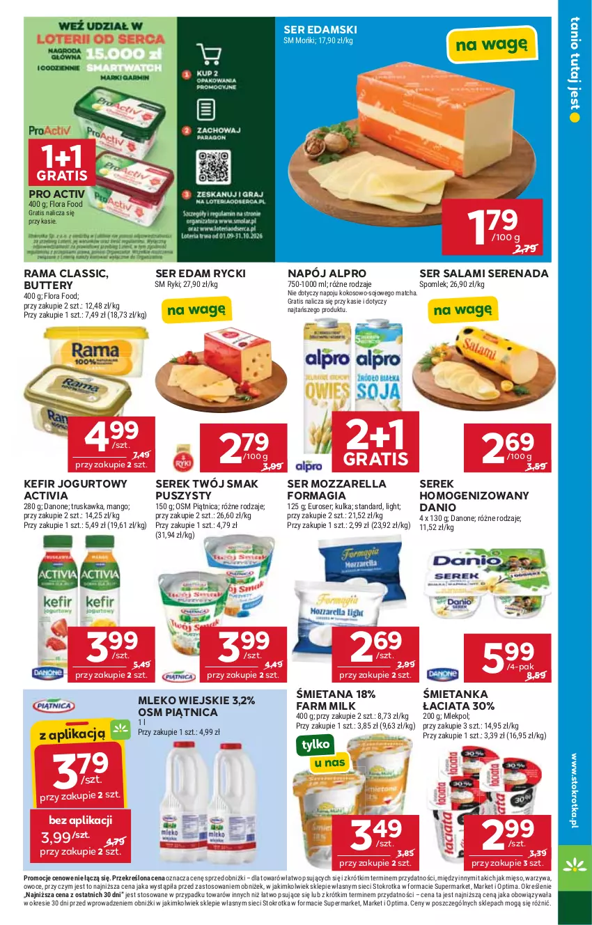 Gazetka promocyjna Stokrotka - Supermarket - ważna 17.09 do 23.09.2026 - strona 19 - produkty: Activia, Alpro, Danio, Danone, Edam, Fa, Farm Milk, Flora, Gra, Jogurt, Kefir, Kokos, Mango, Mięso, Mleko, Mozzarella, Napój, Optima, Owoce, Piątnica, Rama, Salami, Ser, Ser salami, Serek, Serek homogenizowany, Twój Smak, Warzywa