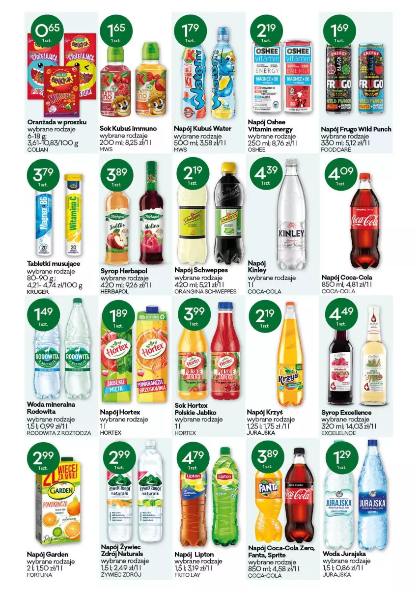 Gazetka promocyjna Groszek - Gazetka - ważna 06.05 do 18.05.2021 - strona 10 - produkty: Coca-Cola, Fa, Fanta, Gin, Herbapol, Hortex, Kubuś, Lipton, Mus, Napój, Oranżada, Oshee, Schweppes, Sok, Sprite, Syrop, Tablet, Tabletki musujące, Woda, Woda mineralna