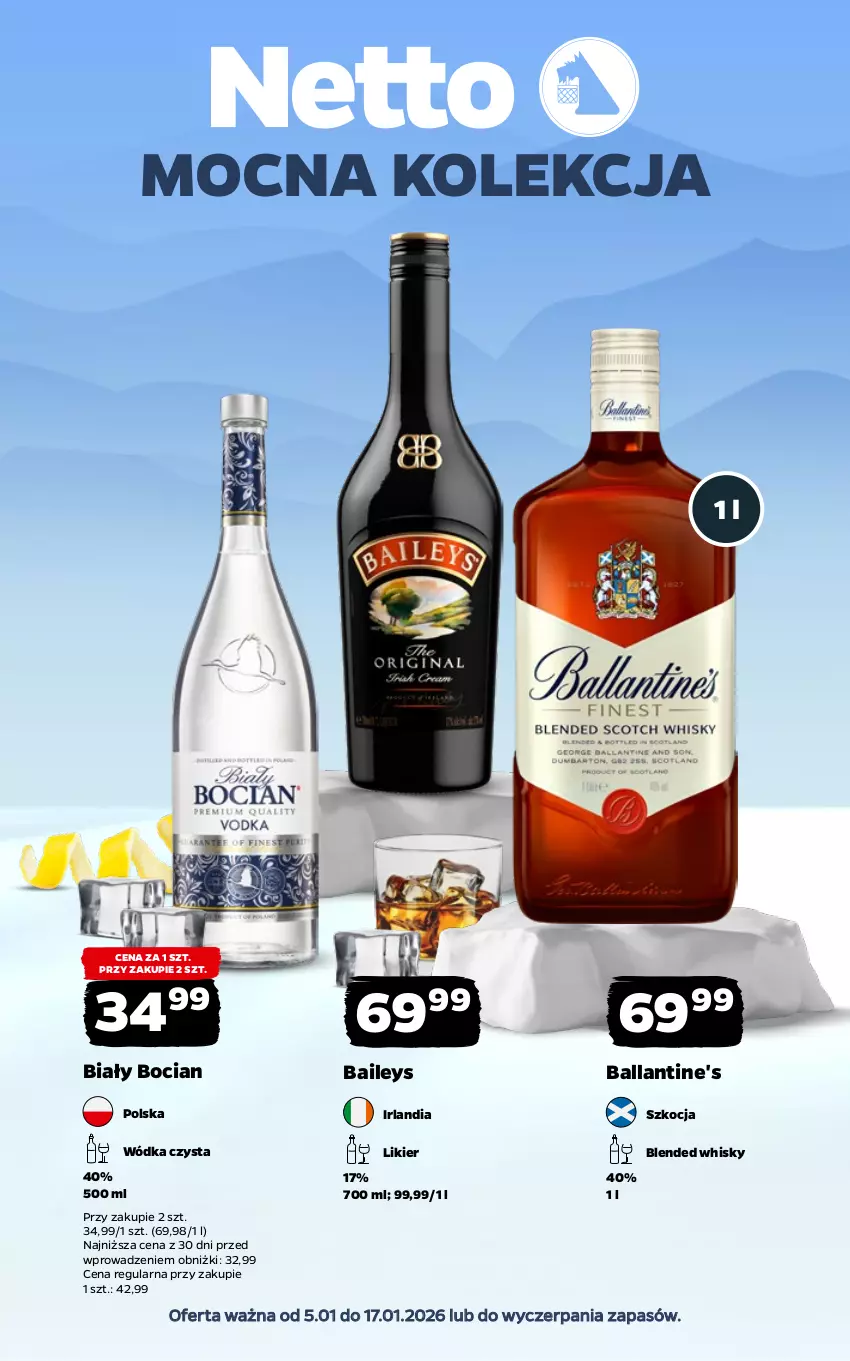 Gazetka promocyjna Netto - Alkohole - Mocne - ważna 05.01 do 17.01.2026 - strona 1 - produkty: Ballantine's, Biały Bocian, Koc, Likier, Whisky, Wódka