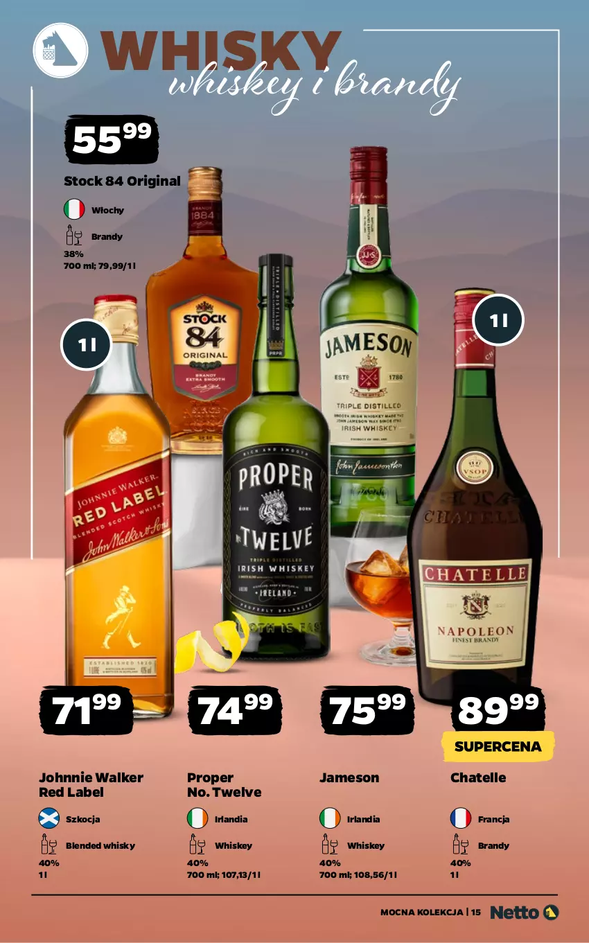 Gazetka promocyjna Netto - Alkohole - Mocne - ważna 05.01 do 17.01.2026 - strona 15 - produkty: Brandy, Gin, Jameson, Johnnie Walker, Koc, Stock, Whiskey, Whisky