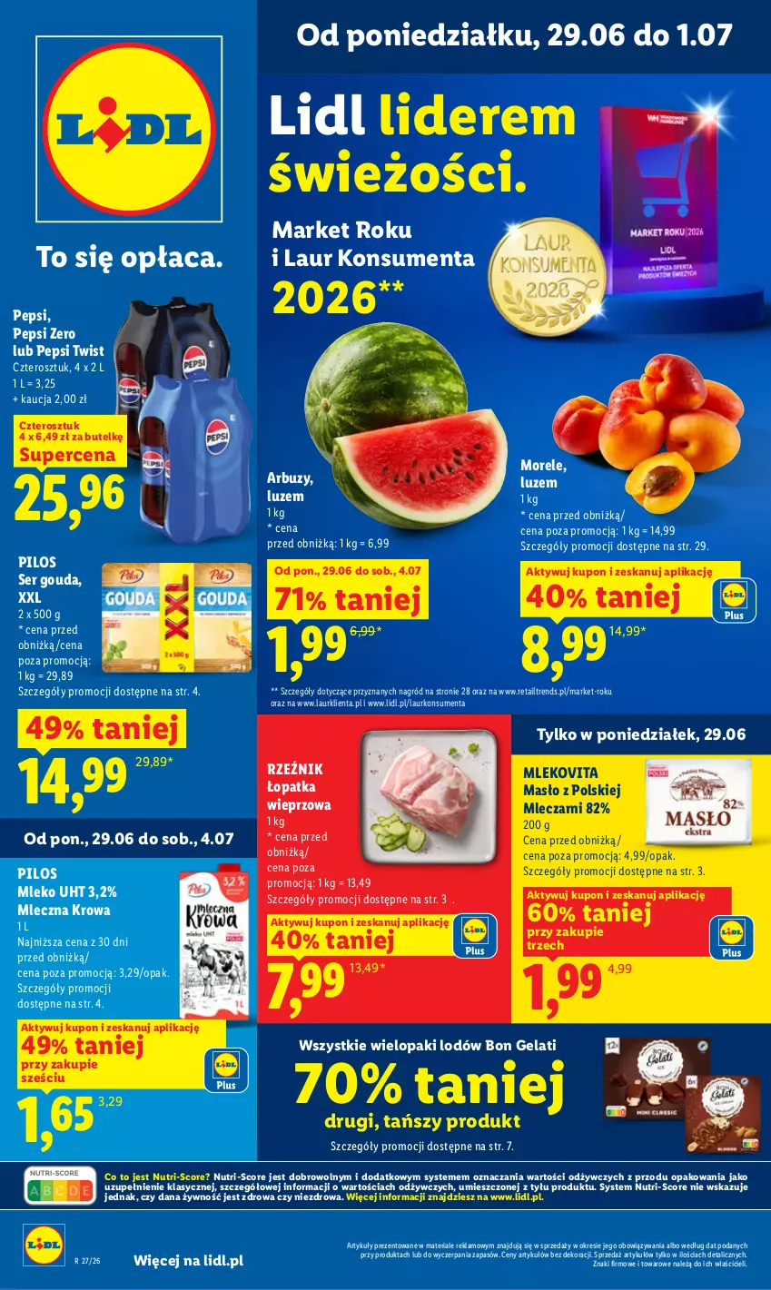 Gazetka promocyjna Lidl - Gazetka ważna od 29.06 do 1.07 - ważna 29.06 do 01.07.2026 - strona 1 - produkty: Arbuz, Gouda, Laur, Masło, Mleko, Mlekovita, Pepsi, Pilos, Ser