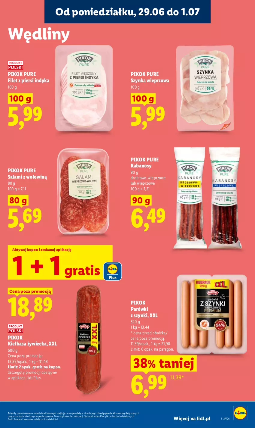 Gazetka promocyjna Lidl - Gazetka ważna od 29.06 do 1.07 - ważna 29.06 do 01.07.2026 - strona 43 - produkty: Filet z piersi indyka, Gra, Kabanos, Kiełbasa, Parówki, Parówki z szynki, PIKOK, Pur, Salami, Szynka, Szynka wieprzowa