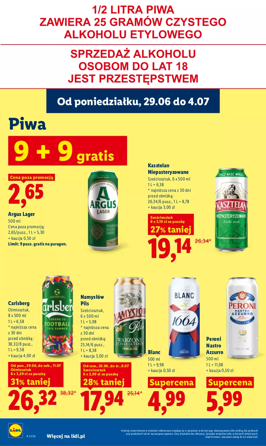 Gazetka promocyjna Lidl - Gazetka ważna od 29.06 do 1.07 - ważna 29.06 do 01.07.2026 - strona 66 - produkty: Carlsberg, Gra, Kasztelan, Namysłów, Piwa