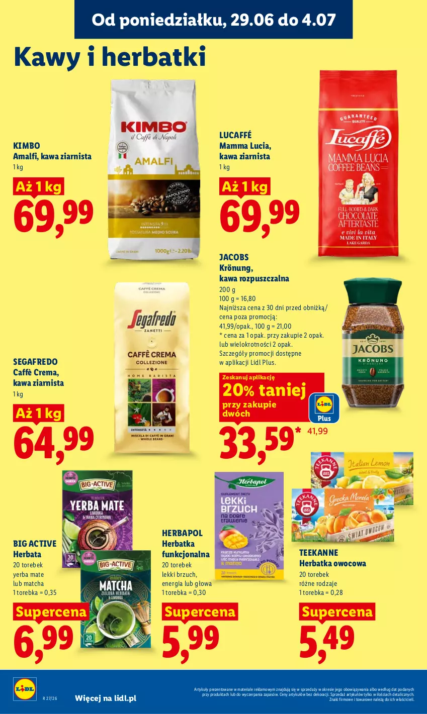 Gazetka promocyjna Lidl - Gazetka ważna od 29.06 do 1.07 - ważna 29.06 do 01.07.2026 - strona 74 - produkty: Herbapol, Herbata, Jacobs, Jacobs Krönung, Kawa, Kawa rozpuszczalna, Kawa ziarnista, Segafredo, Teekanne, Torebka
