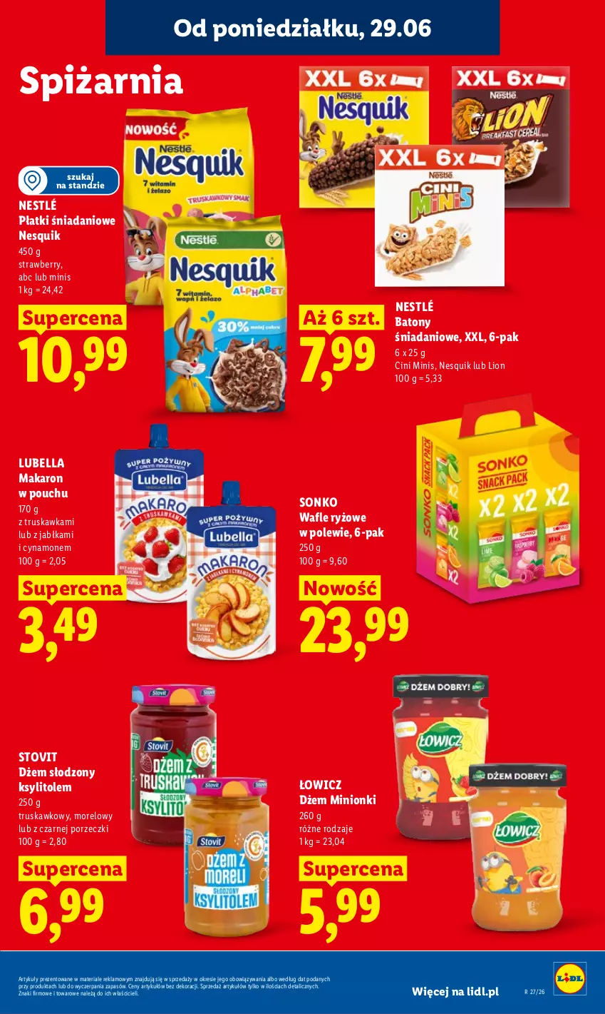 Gazetka promocyjna Lidl - Gazetka ważna od 29.06 do 1.07 - ważna 29.06 do 01.07.2026 - strona 77 - produkty: Baton, Bell, Bella, Cini Minis, Danio, Dżem, Jabłka, Ksylitol, Lion, Lubella, Makaron, Nesquik, Nestlé, Por, Ryż, Sonko, Wafle