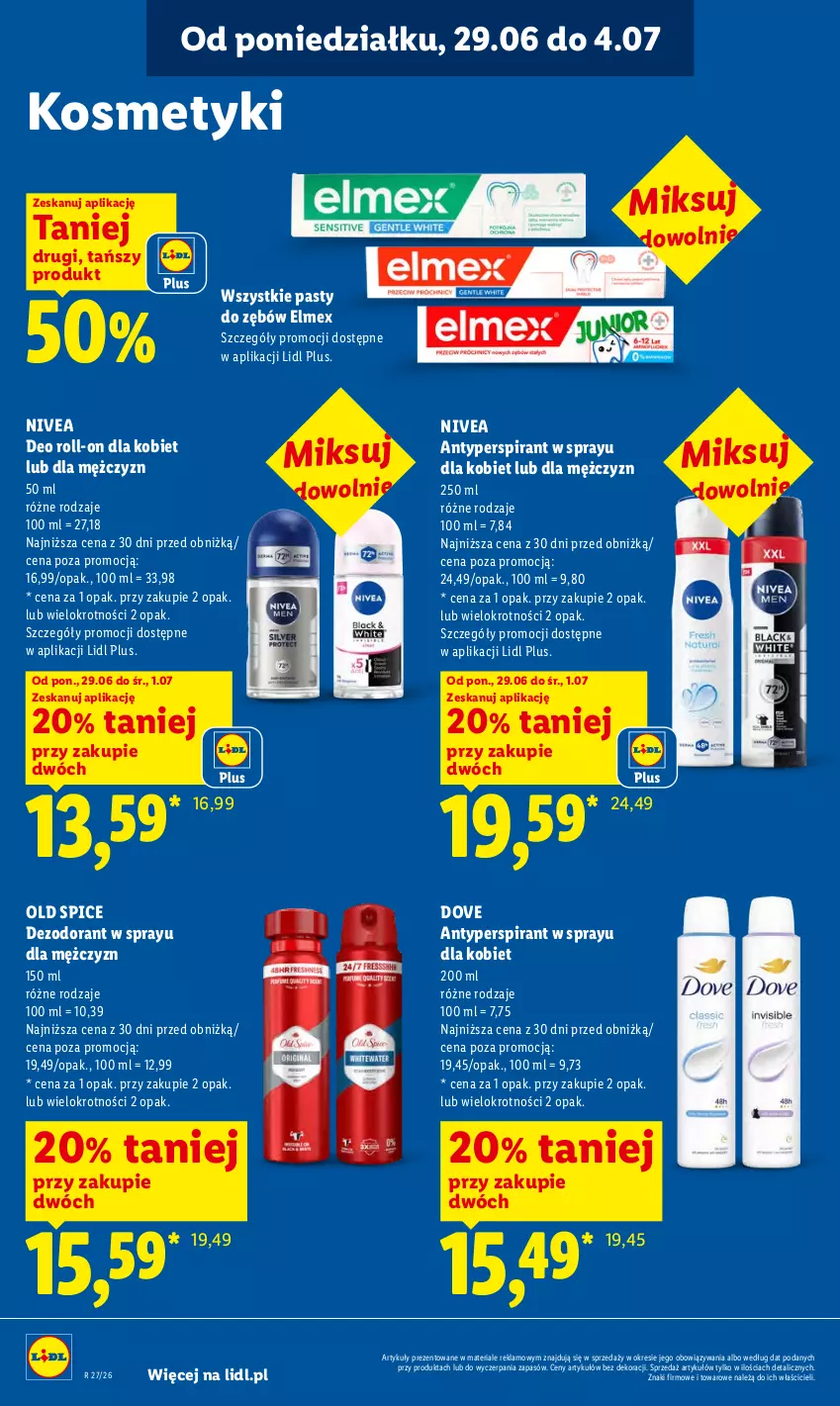 Gazetka promocyjna Lidl - Gazetka ważna od 29.06 do 1.07 - ważna 29.06 do 01.07.2026 - strona 78 - produkty: Antyperspirant, Dezodorant, Dove, Elmex, Nivea, Old Spice
