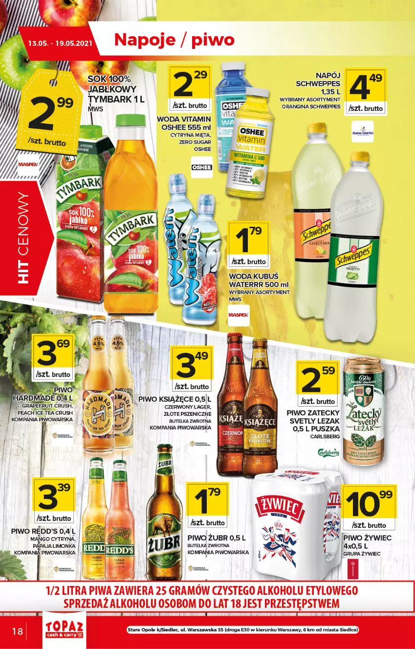 Gazetka promocyjna Topaz - Gazetka - ważna 13.05 do 19.05.2021 - strona 18 - produkty: Gin, Gra, Książęce, Kubuś, Kubuś Waterrr, Mięta, Napój, Napoje, Oshee, Piwa, Piwo, Schweppes, Ser, Tymbark, Woda