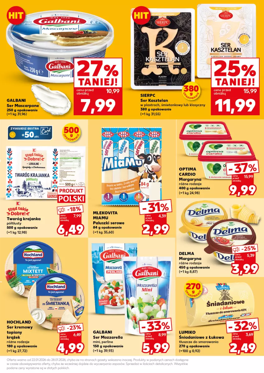 Gazetka promocyjna Kaufland - Mocny Start - ważna 26.01 do 28.01.2026 - strona 19 - produkty: Danio, Delma, Galbani, Hochland, Kasztelan, Margaryna, Mascarpone, Mleko, Mlekovita, Mozzarella, Optima, Optima Cardio, Ser, Ser Kasztelan, Top, Twaróg