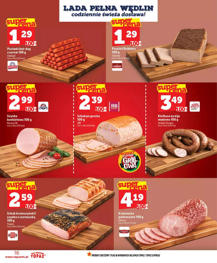 Gazetka promocyjna Topaz - Gazetka - ważna 11.06 do 17.06.2026 - strona 16 - produkty: Kiełbasa, Parówki, Pasztet, Schab krotoszyński, Ser, Sok, Sokołów, Szynka, Top