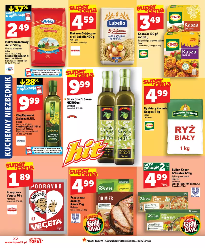 Gazetka promocyjna Topaz - Gazetka - ważna 11.06 do 17.06.2026 - strona 22 - produkty: Bell, Bella, Bulgur, Bulion, Kasza, Knorr, Kuchnia, Kujawski, LG, Lion, Lubella, Makaron, Olej, Oliwa, Podravka, Ryż, Stek, Top, Vegeta