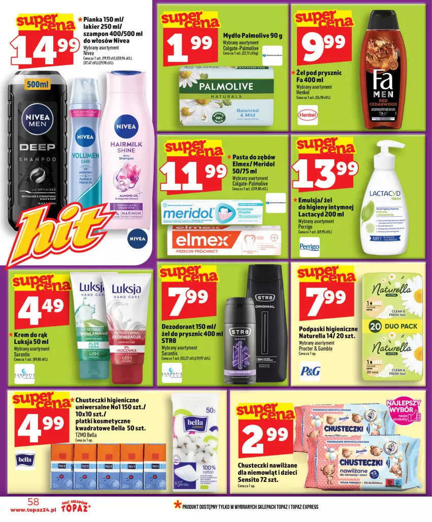 Gazetka promocyjna Topaz - Gazetka - ważna 11.06 do 17.06.2026 - strona 58 - produkty: Bell, Bella, Chusteczki, Colgate, Dezodorant, Dzieci, Elmex, Emulsja, Fa, Gin, Krem do rąk, Lactacyd, Lakier, LG, Luksja, Mydło, Naturell, Naturella, Nivea, Palmolive, Pasta do zębów, Płatki kosmetyczne, Podpaski, Sito, Szampon, Top