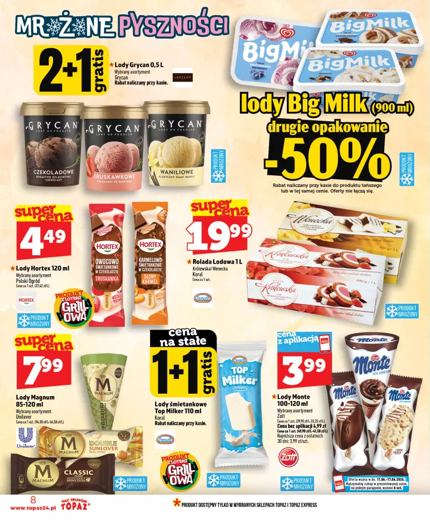 Gazetka promocyjna Topaz - Gazetka - ważna 11.06 do 17.06.2026 - strona 8 - produkty: Gry, Hortex, Lody, Monte, Ogród, Rolada, Top