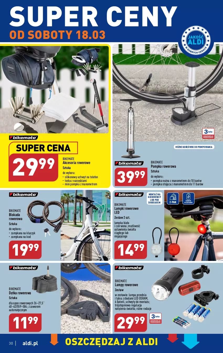 Gazetka promocyjna Aldi - Pełen katalog - ważna 13.03 do 18.03.2023 - strona 30 - produkty: Bateria, Lampa, Noż, Pompka, Rower, Telefon, Top, Torba, Uchwyty