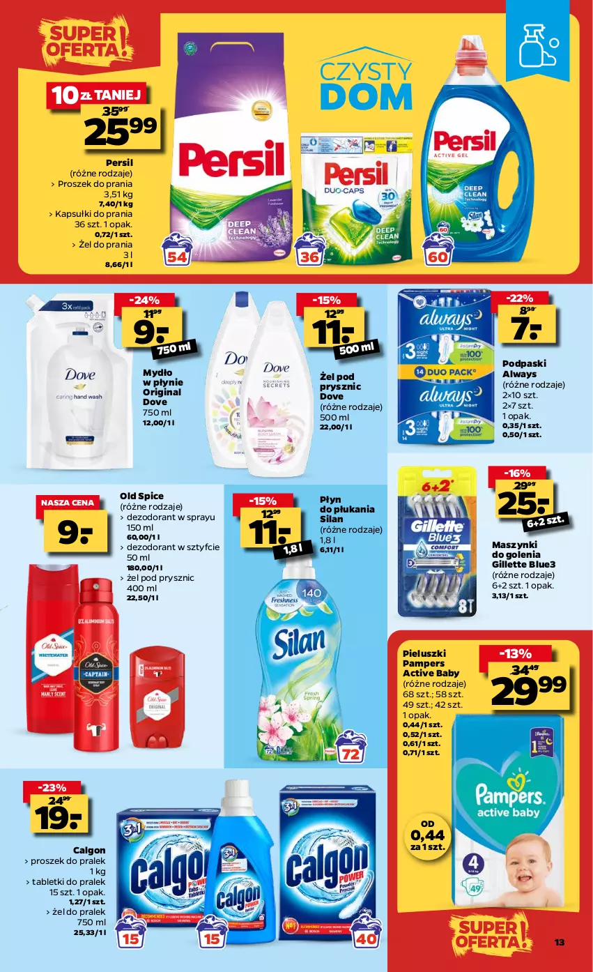 Gazetka promocyjna Netto - Oferta tygodnia - ważna 08.03 do 13.03.2021 - strona 13 - produkty: Always, Calgon, Dezodorant, Dove, Gillette, Gin, Kapsułki do prania, LG, Mydło, Mydło w płynie, Old Spice, Pampers, Persil, Płyn do płukania, Podpaski, Proszek do prania, Silan, Tablet