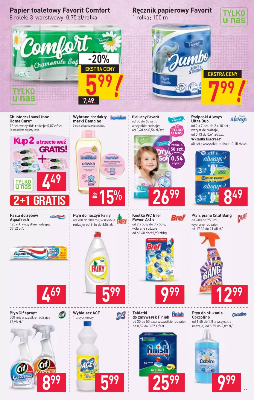 Gazetka promocyjna Stokrotka - Market - ważna 05.08 do 11.08.2021 - strona 11 - produkty: Always, Always Ultra, Aquafresh, Bref, Chusteczki, Cif, Cillit Bang, Coccolino, Discreet, Fa, Fairy, Finish, Gra, Papier, Papier toaletowy, Pasta do zębów, Pieluchy, Płyn do płukania, Podpaski, Ręcznik, Tablet, Wkładki