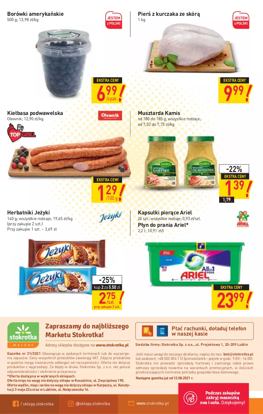 Gazetka promocyjna Stokrotka - Market - ważna 05.08 do 11.08.2021 - strona 12 - produkty: Ariel, Herbatniki, Jeżyki, Kamis, Karp, Kiełbasa, Kiełbasa podwawelska, Kosz, Kurczak, Mus, Musztarda, O nas, Olewnik, Płyn do prania, Ser, Szal, Telefon, Wagi, Wawel