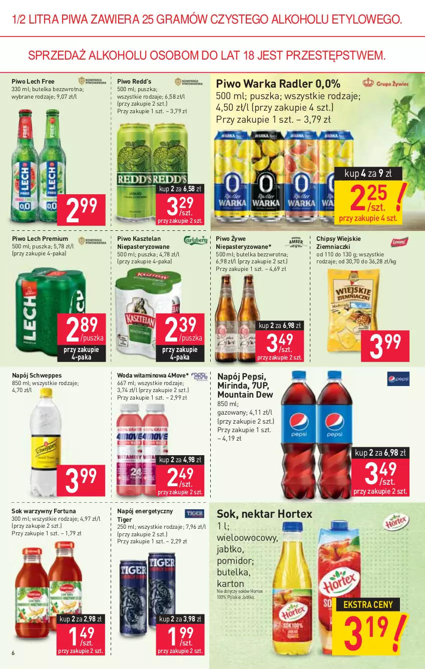 Gazetka promocyjna Stokrotka - Market - ważna 05.08 do 11.08.2021 - strona 6 - produkty: 7up, Chipsy, Fortuna, Gra, Hortex, Kasztelan, Lech Premium, Mirinda, Napój, Napój energetyczny, Nektar, Pepsi, Piwa, Piwo, Radler, Schweppes, Sok, Tiger, Warka, Woda