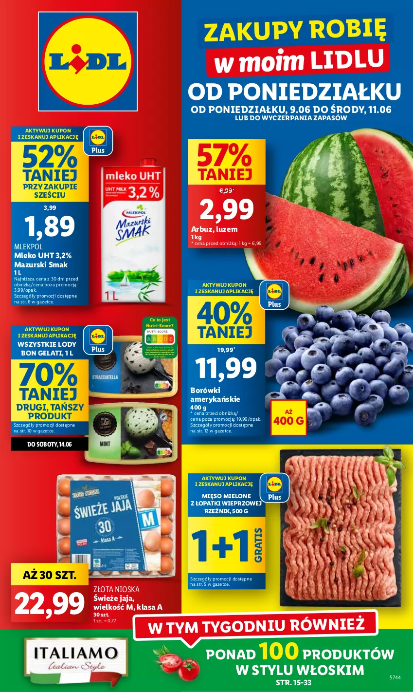 Gazetka promocyjna Lidl - GAZETKA - ważna 09.06 do 11.06.2025 - strona 1 - produkty: Arbuz, Gra, Jaja, Lody, Mięso, Mięso mielone, Mięso mielone z łopatki wieprzowej, Mleko, Wazon