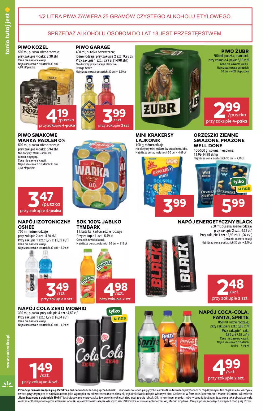 Gazetka promocyjna Stokrotka - Market - ważna 30.07 do 05.08.2026 - strona 24 - produkty: Coca-Cola, Fa, Fanta, Gra, Kozel, Krakersy, Lack, Lajkonik, Mięso, Napój, Napój energetyczny, Napój izotoniczny, Optima, Orzeszki, Orzeszki ziemne, Oshee, Owoce, Piwa, Piwo, Radler, Sok, Sprite, Tymbark, Warka, Warzywa
