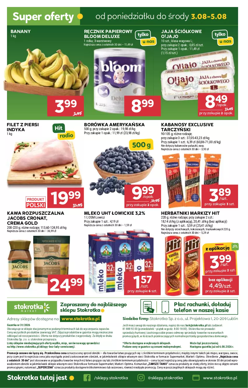Gazetka promocyjna Stokrotka - Market - ważna 30.07 do 05.08.2026 - strona 31 - produkty: Banany, Borówka, Borówka amerykańska, Dres, Filet z piersi indyka, Herbatniki, Jacobs, Jaja, JBL, Kabanos, Kawa, Kawa rozpuszczalna, Kokos, Mięso, Mleko, O nas, Optima, Owoce, Papier, Ręcznik, Ser, Tarczyński, Telefon, Wagi, Warzywa