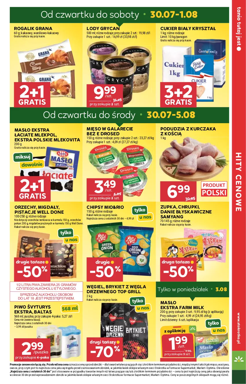 Gazetka promocyjna Stokrotka - Market - ważna 30.07 do 05.08.2026 - strona 5 - produkty: Chipsy, Chrupki, Cukier, Fa, Farm Milk, Gala, Gra, Grill, Gry, Kakao, Kurczak, Lody, Masło, Mięso, Mięso w galarecie, Migdały, Mleko, Mlekovita, Optima, Owoce, Pistacje, Piwa, Piwo, Rogal, Top, Warzywa