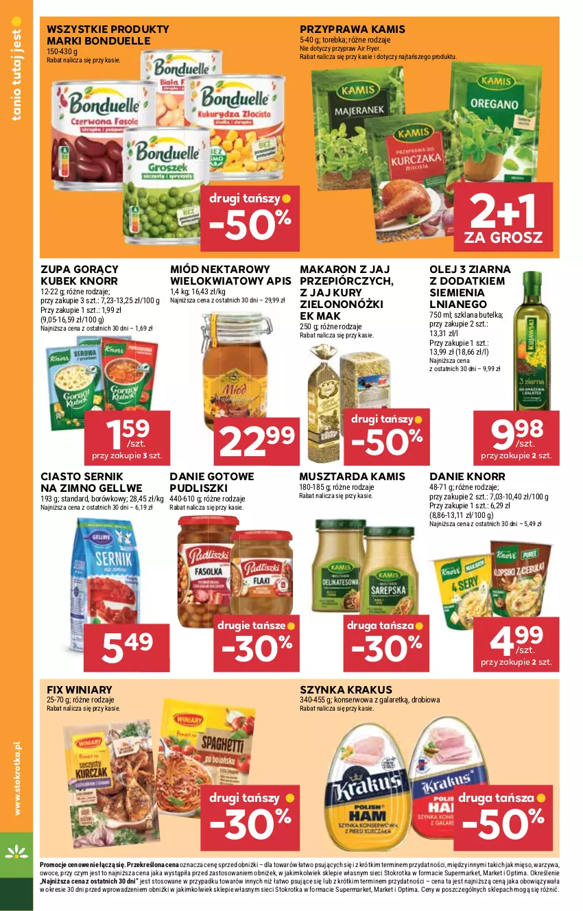 Gazetka promocyjna Stokrotka - Market - ważna 27.08 do 02.09.2026 - strona 20 - produkty: Bonduelle, Ciasto sernik, Danie gotowe, Gala, Kamis, Knorr, Krakus, Kubek, LANA, Makaron, Mięso, Miód, Mus, Musztarda, Nektar, Olej, Optima, Owoce, Pudliszki, Ser, Szynka, Torebka, Warzywa, Winiary, Zupa