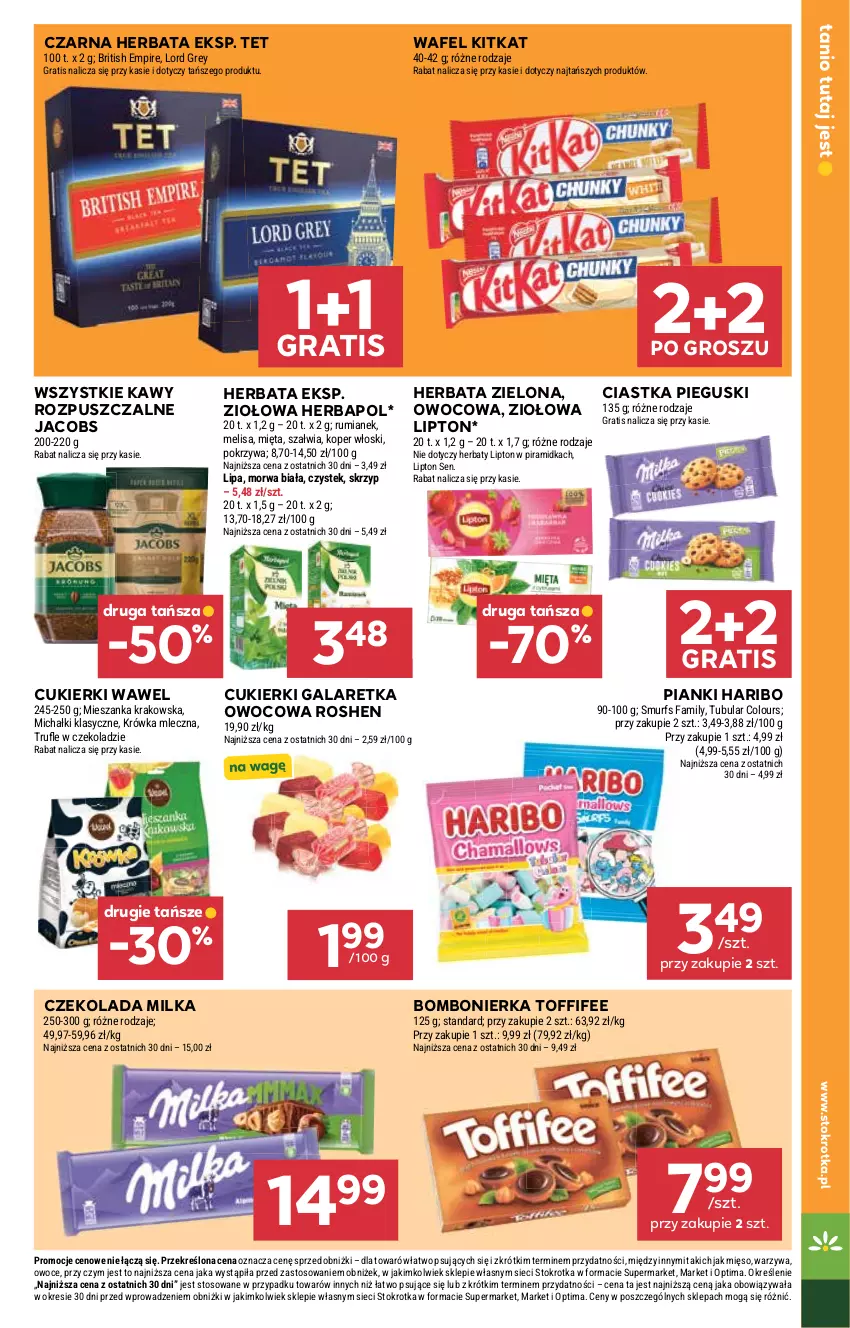 Gazetka promocyjna Stokrotka - Market - ważna 27.08 do 02.09.2026 - strona 21 - produkty: Brit, Ciastka, Cukier, Cukierki, Czekolada, Fa, Gala, Galaretka, Gra, Haribo, Herbapol, Herbata, Jacobs, Koper włoski, Lipton, Michałki, Mięso, Mięta, Milka, Optima, Owoce, Rum, Stek, Toffifee, Warzywa, Wawel