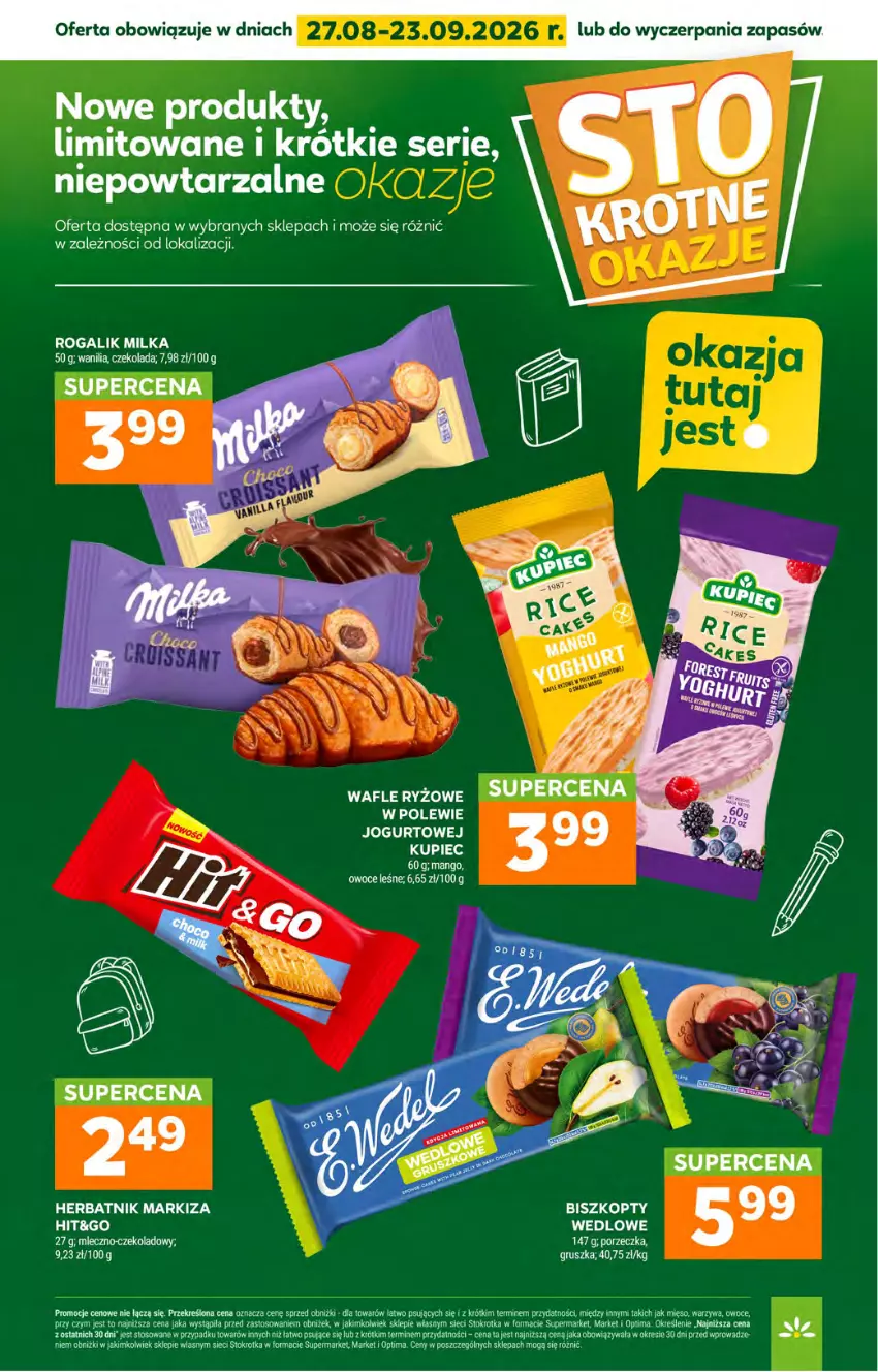 Gazetka promocyjna Stokrotka - Market - ważna 27.08 do 02.09.2026 - strona 22 - produkty: Czekolada, Jogurt, Mango, Markiza, Mięso, Milka, Optima, Owoce, Por, Rogal, Ryż, Ser, Wafle, Warzywa