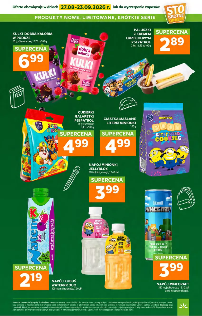 Gazetka promocyjna Stokrotka - Market - ważna 27.08 do 02.09.2026 - strona 23 - produkty: Arbuz, Ciastka, Cukier, Cukierki, Kubuś, Kubuś Waterrr, Liczi, Mango, Mięso, Minecraft, Napój, Optima, Owoce, Psi Patrol, Ser, Warzywa