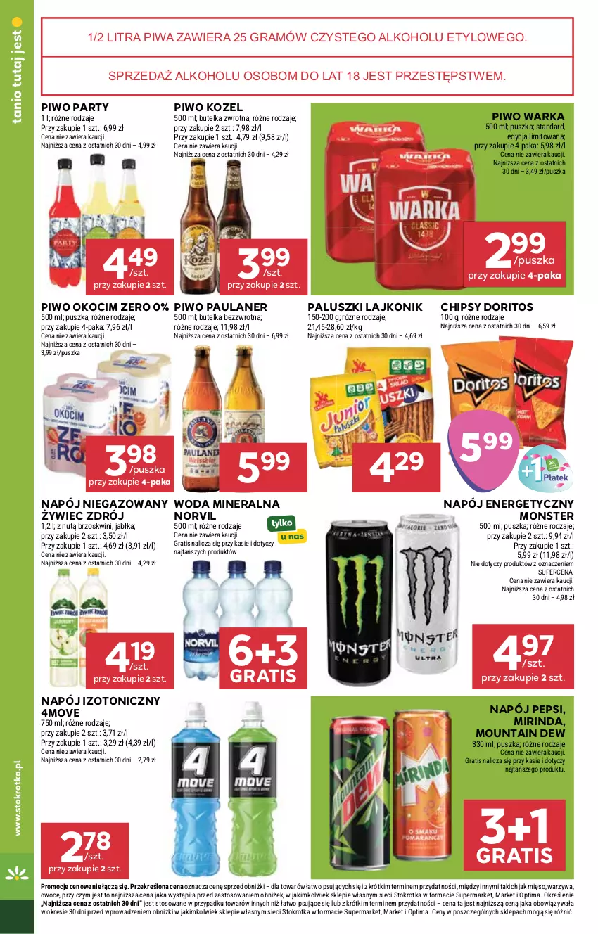 Gazetka promocyjna Stokrotka - Market - ważna 27.08 do 02.09.2026 - strona 24 - produkty: Chipsy, Gra, Jabłka, Koc, Kozel, Lajkonik, Mięso, Mirinda, Napój, Napój energetyczny, Napój izotoniczny, Napój niegazowany, Okocim, Optima, Owoce, Pepsi, Piwa, Piwo, Warka, Warzywa, Woda, Woda mineralna