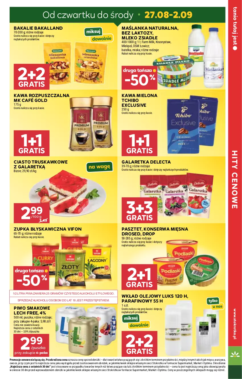 Gazetka promocyjna Stokrotka - Market - ważna 27.08 do 02.09.2026 - strona 5 - produkty: Bakalland, Delecta, Fa, Farm Milk, Gala, Galaretka, Gra, Kawa, Kawa mielona, Kawa rozpuszczalna, Maślanka, Mięso, Miska, Mleko, Mleko zsiadłe, Olej, Optima, Owoce, Pasztet, Piwa, Piwo, Ser, Tchibo, Warzywa, Wkład olejowy