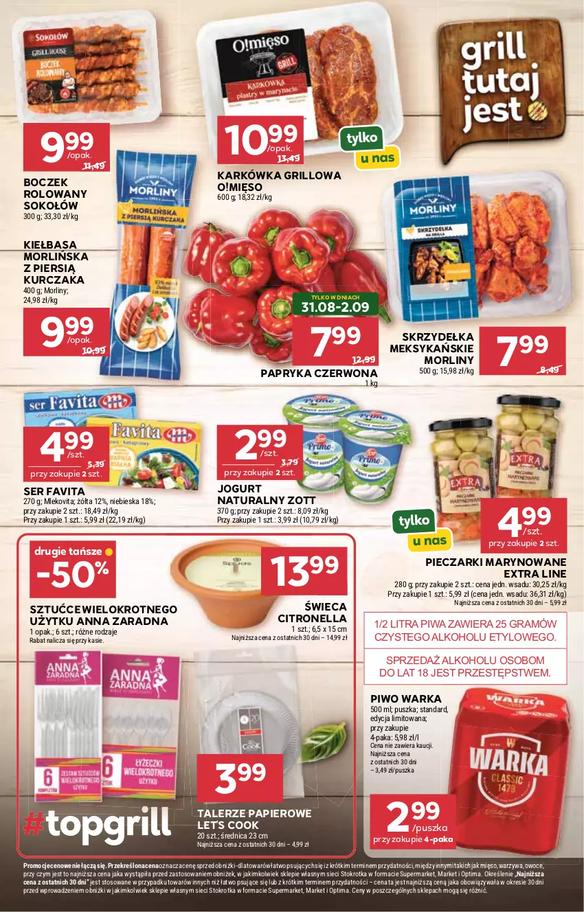 Gazetka promocyjna Stokrotka - Market - ważna 27.08 do 02.09.2026 - strona 7 - produkty: Boczek, Fa, Favita, Gra, Grill, Jogurt, Jogurt naturalny, Kiełbasa, Kurczak, Mięso, Mleko, Mlekovita, Morliny, Optima, Owoce, Papier, Papryka, Papryka czerwona, Piec, Piwa, Piwo, Ser, Sok, Sokołów, Talerz, Warka, Warzywa, Zott