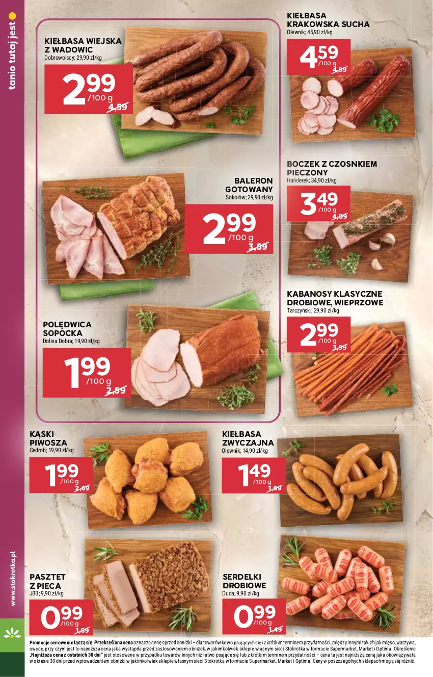 Gazetka promocyjna Stokrotka - Market - ważna 27.08 do 02.09.2026 - strona 8 - produkty: Boczek, Duda, Kabanos, Kiełbasa, Kiełbasa krakowska, Kiełbasa wiejska, Mięso, Olewnik, Optima, Owoce, Pasztet, Piec, Piwo, Polędwica, Ser, Serdelki, Sok, Sokołów, Tarczyński, Warzywa