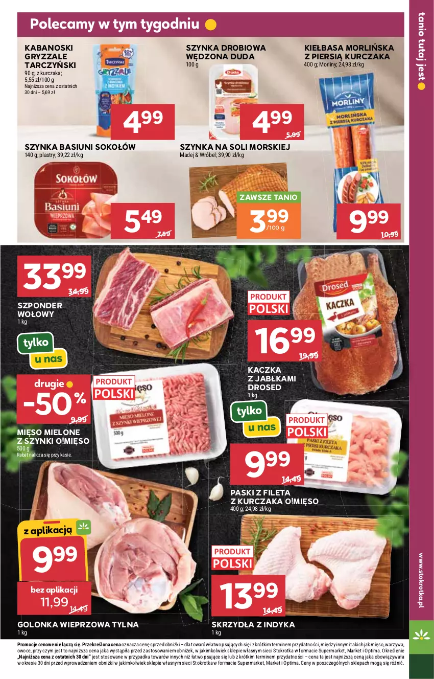 Gazetka promocyjna Stokrotka - Market - ważna 27.08 do 02.09.2026 - strona 9 - produkty: Duda, Golonka wieprzowa, Gry, Jabłka, Kabanos, Kaczka, Kiełbasa, Kurczak, Mięso, Mięso mielone, Mięso mielone z szynki, Morliny, Optima, Owoce, Sok, Sokołów, Szponder wołowy, Szynka, Tarczyński, Warzywa