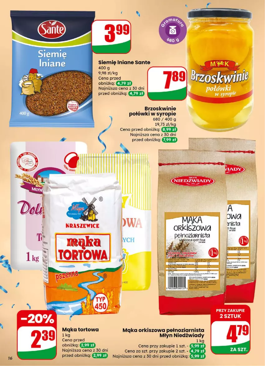 Gazetka promocyjna Dino - Gazetka 01 / 2026 - ważna 31.12.2025 do 05.01.2026 - strona 16 - produkty: Acer, Brzoskwinie, Mąka, Mąka tortowa, Sante, Siemię Iniane, Syrop