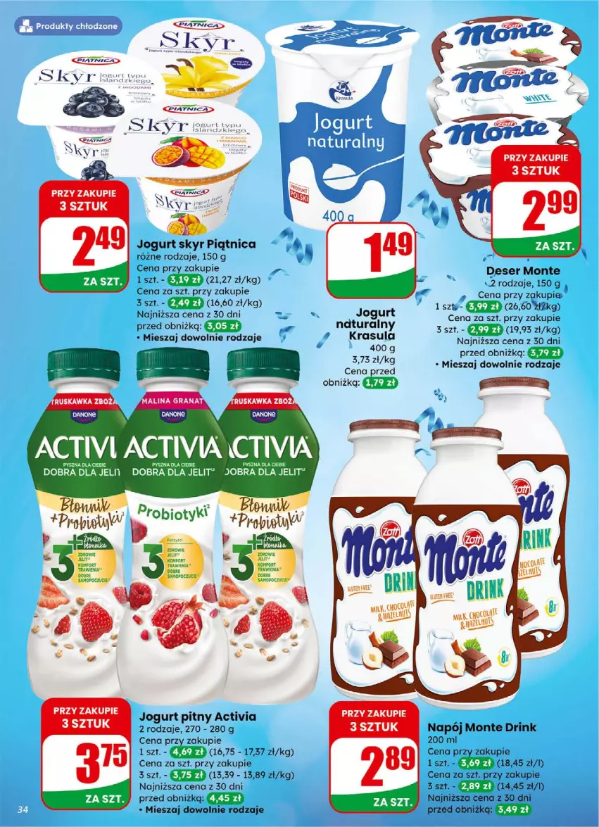 Gazetka promocyjna Dino - Gazetka 01 / 2026 - ważna 31.12.2025 do 05.01.2026 - strona 34 - produkty: Activia, Deser, Jogurt, Jogurt pitny, Monte, Napój, Piątnica, Ser
