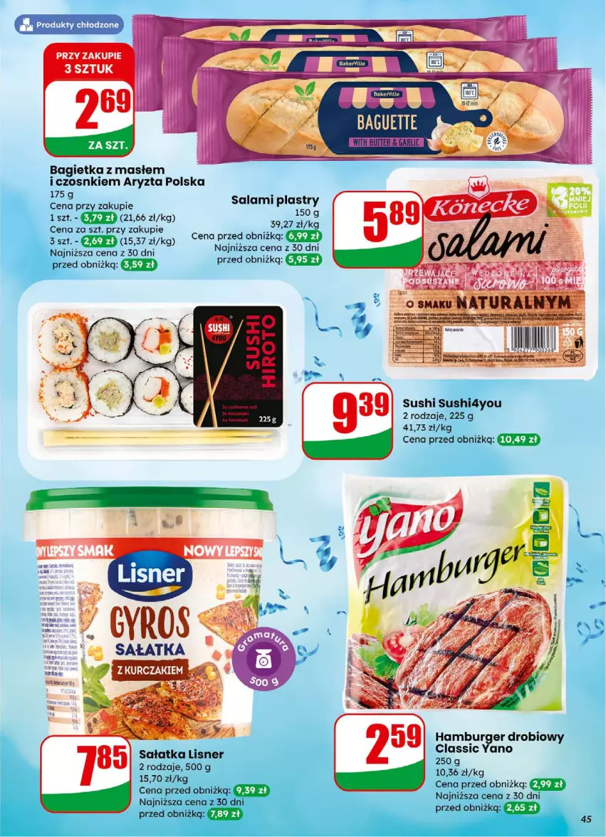 Gazetka promocyjna Dino - Gazetka 01 / 2026 - ważna 31.12.2025 do 05.01.2026 - strona 45 - produkty: Bagietka, Burger, Hamburger, Lisner, Salami, Sałat, Sałatka, Sushi