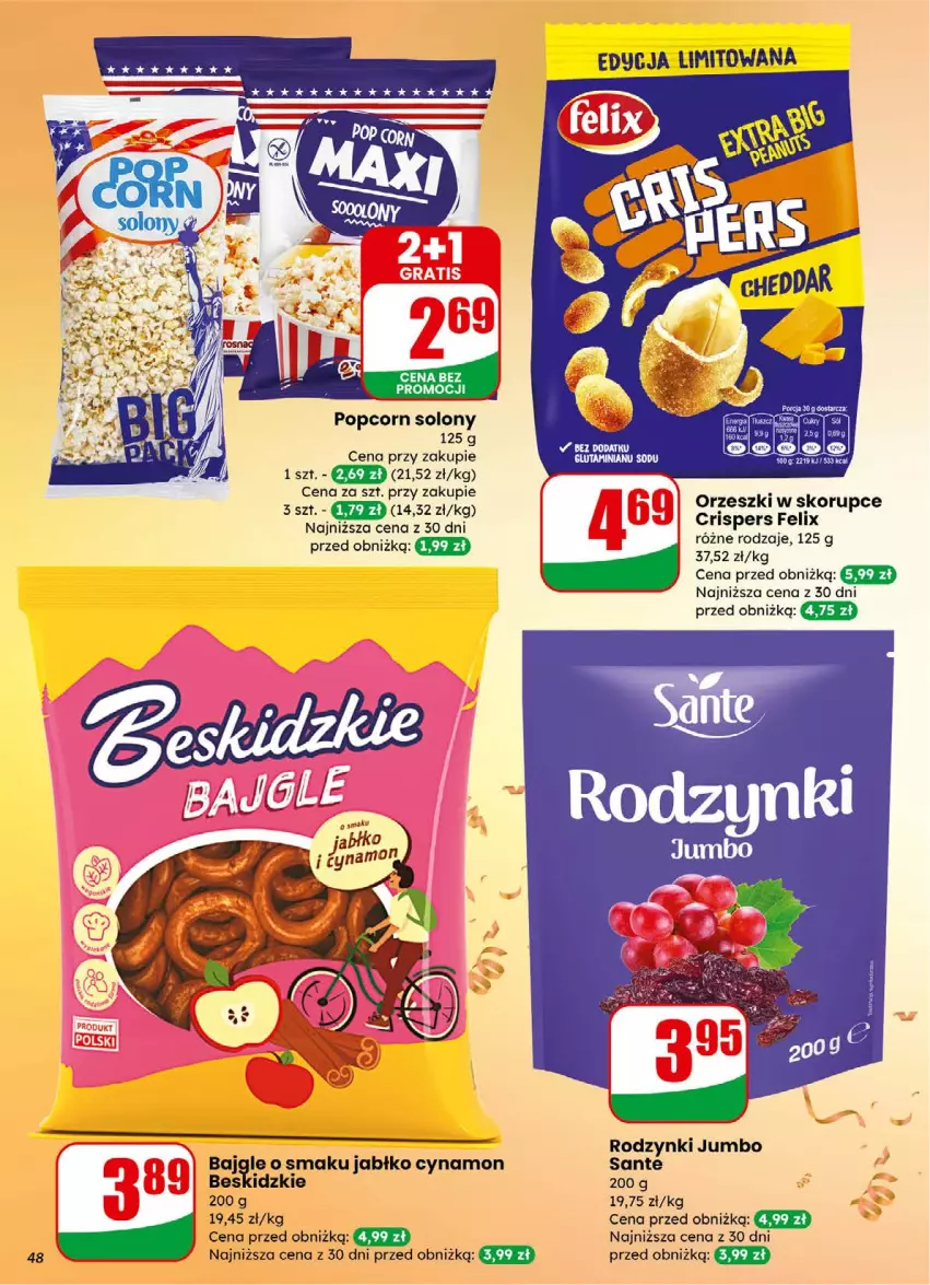 Gazetka promocyjna Dino - Gazetka 01 / 2026 - ważna 31.12.2025 do 05.01.2026 - strona 48 - produkty: Bajgle, Beskidzki, Felix, Orzeszki, Orzeszki w skorupce, Popcorn, Por, Rodzynki, Sante