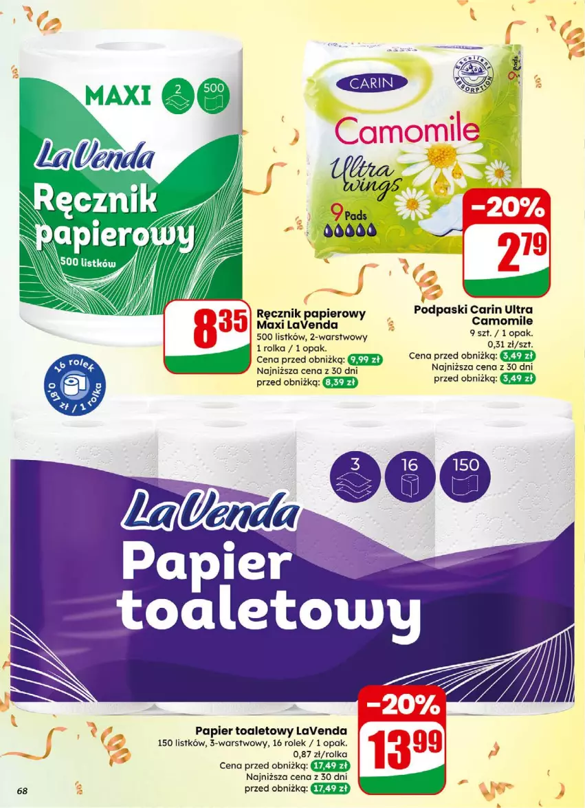 Gazetka promocyjna Dino - Gazetka 01 / 2026 - ważna 31.12.2025 do 05.01.2026 - strona 68 - produkty: Papier, Papier toaletowy, Podpaski, Ręcznik
