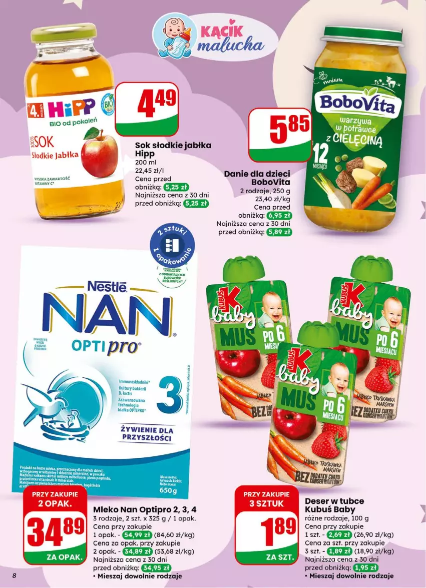 Gazetka promocyjna Dino - Gazetka 01 / 2026 - ważna 31.12.2025 do 05.01.2026 - strona 8 - produkty: BoboVita, Cynk, Danie dla dzieci, Deser, Dzieci, Gry, HiPP, Jabłka, Kubuś, Mleko, NAN Optipro, O nas, Ser, Sok
