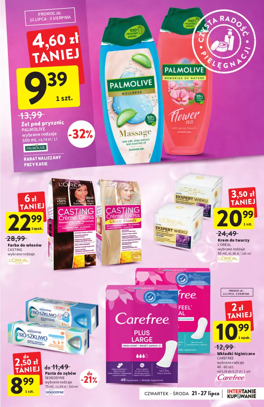 Gazetka promocyjna Intermarche - ważna 21.07 do 27.07.2022 - strona 33 - produkty: Carefree, Fa, Farba do włosów, Gin, Krem do twarzy, L’Oréal, Palmolive, Pasta do zębów, Sensodyne, Wkładki