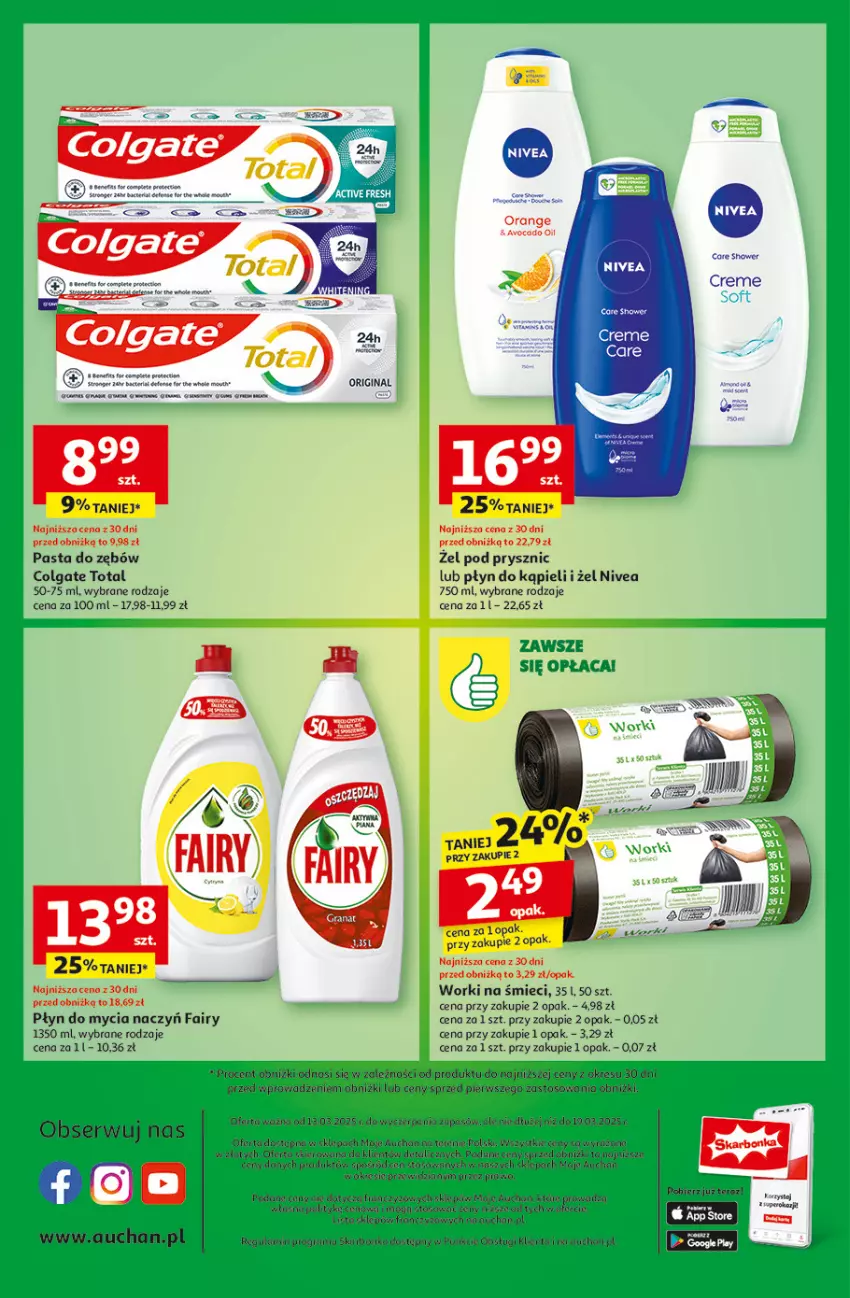 Gazetka promocyjna Auchan - Pewność Niskich Cen Moje - ważna 13.03 do 19.03.2025 - strona 10 - produkty: Avocado, Colgate, Colgate Total, Do mycia naczyń, Fa, Fairy, Gin, Gra, LG, Mus, Nivea, Pasta do zębów, Płyn do kąpieli, Płyn do mycia, Płyn do mycia naczyń, Ser, Worki na śmiec, Worki na śmieci