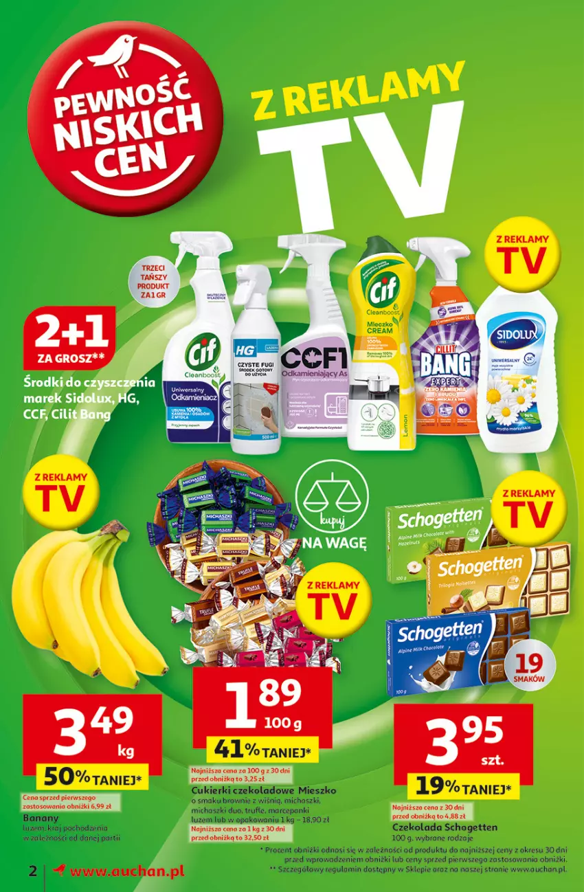 Gazetka promocyjna Auchan - Pewność Niskich Cen Moje - ważna 13.03 do 19.03.2025 - strona 2 - produkty: Banany, Brownie, Cukier, Cukierki, Cukierki czekoladowe, Czekolada, Schogetten, Sidolux