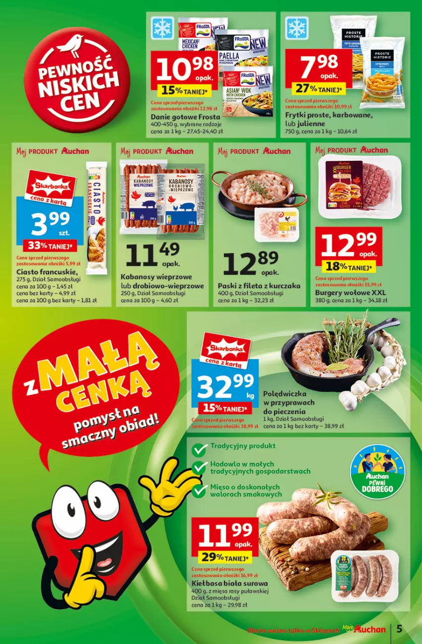 Gazetka promocyjna Auchan - Pewność Niskich Cen Moje - ważna 13.03 do 19.03.2025 - strona 7 - produkty: Burger, Ciasto francuskie, Danie gotowe, Frosta, Frytki, Kabanos, Kiełbasa, Kiełbasa biała, Kurczak, Piec, Saga