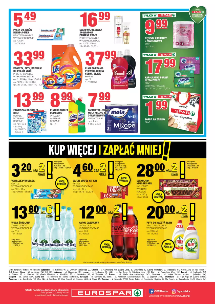 Gazetka promocyjna Spar - EuroSpar - ważna 17.11 do 27.11.2024 - strona 8 - produkty: Baton, Blend-a-Med, Bref, Coca-Cola, Czekolada, Domestos, Dzieci, Fa, Fairy, Gra, Kapsułki do prania, Kit Kat, Kosz, Lack, LANA, Mola, Mus, Napój, Napój gazowany, Odżywka, Oliwa, Pantene, Papier, Papier toaletowy, Pasta do zębów, Perwoll, Płyn do prania, Princessa, Ręcznik, Ręcznik kuchenny, Rum, Ser, Szampon, Tera, Torba, Torba na zakupy, Vizir, Wafelek, Woda