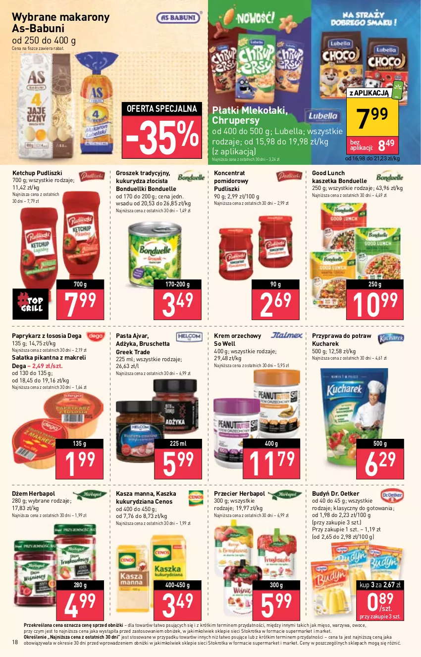 Gazetka promocyjna Stokrotka - Supermarket - ważna 11.05 do 17.05.2023 - strona 18 - produkty: Babuni, Bell, Bella, Bonduelle, Budyń, Cenos, Dega, Dr. Oetker, Dżem, Groszek, Herbapol, Kasza, Kaszetka, Ketchup, Koncentrat pomidorowy, Krem orzechowy, Kucharek, Kukurydza, Lubella, Makaron, Mięso, Mleko, Owoce, Papryka, Paprykarz, Przyprawa do potraw, Pudliszki, Sałat, Sałatka, Sos, Warzywa