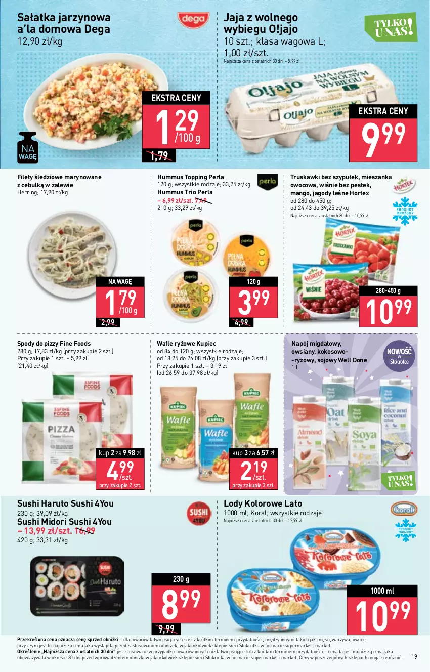 Gazetka promocyjna Stokrotka - Supermarket - ważna 11.05 do 17.05.2023 - strona 19 - produkty: Dega, Hortex, Hummus, Jagody, Jaja, Jaja z wolnego wybiegu, Kokos, Kupiec, Lody, Mango, Mięso, Mus, Napój, Owoce, Piec, Ryż, Sałat, Sałatka, Stek, Sushi, Top, Truskawki, Wafle, Warzywa