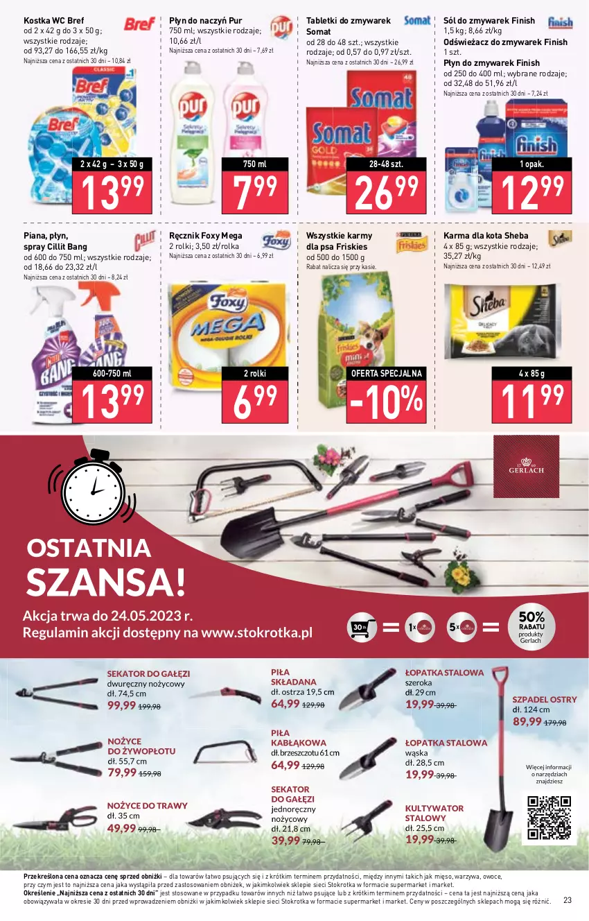 Gazetka promocyjna Stokrotka - Supermarket - ważna 11.05 do 17.05.2023 - strona 23 - produkty: Bref, Cillit Bang, Finish, Foxy, Friskies, Mięso, Owoce, Pur, Ręcznik, Rolki, Sheba, Sól, Somat, Tablet, Warzywa