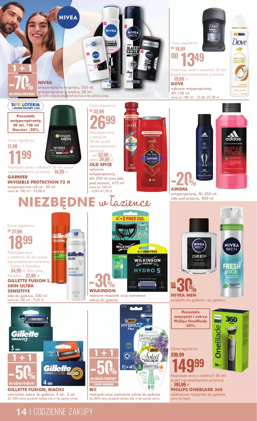 Gazetka promocyjna Super Pharm - ważna 14.10 do 29.10.2024 - strona 14 - produkty: Adidas, Antyperspirant, BIC, Dove, Fusion, Garnier, Gillette, Mach3, Maszynka, Maszynka do golenia, Nivea, Nivea Men, Old Spice, Philips, Philips OneBlade, Szynka